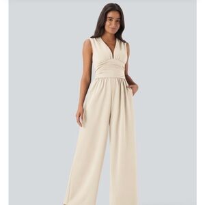 HALARA Cream V-Neck Wide-Leg Sleeveless Jumpsuit
